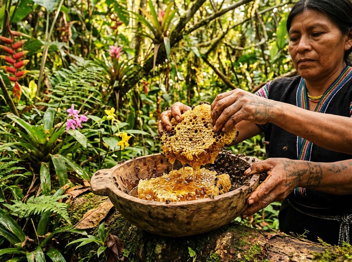 Cosecha tradicional de miel silvestre en panal natural en el bosque amazónico